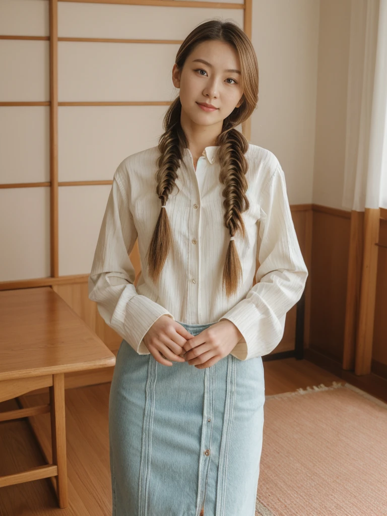 her name is Asako, high quality, 1girl, ((20-year-old fit Caucasian woman)), ((20 years old)), ((slim)), ((Fishtail Braid hair)), pose: standing, wearing aesthetic Generation-Z modern wear different colored, BACKGROUND: "In a traditional tatami room, with sliding shoji screens and a low wooden table set for tea."