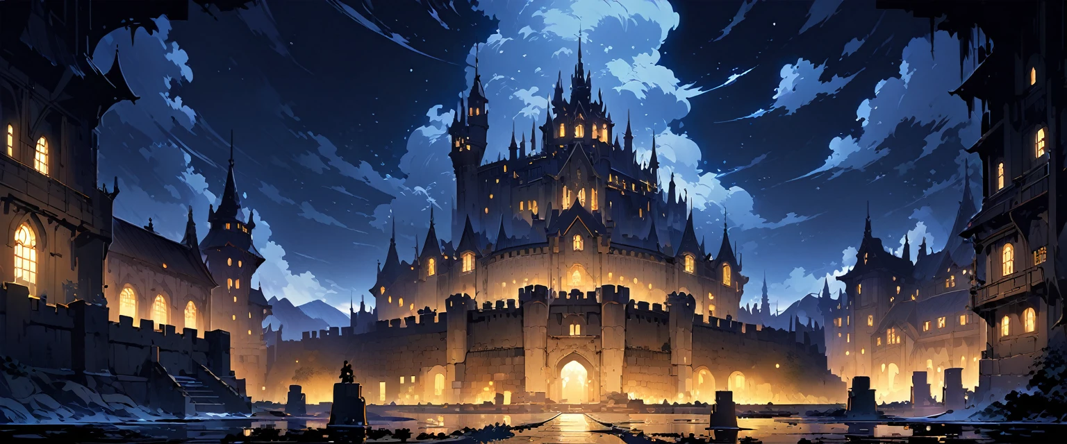 castle，欧洲中世纪的castle，castle坐落在小山丘上，There is a moat around it，Beautiful environment。night，Night view。Mid-ground composition，Panorama pictures，Scene screen，Game concept art style，Anime illustration style，HD，4K。