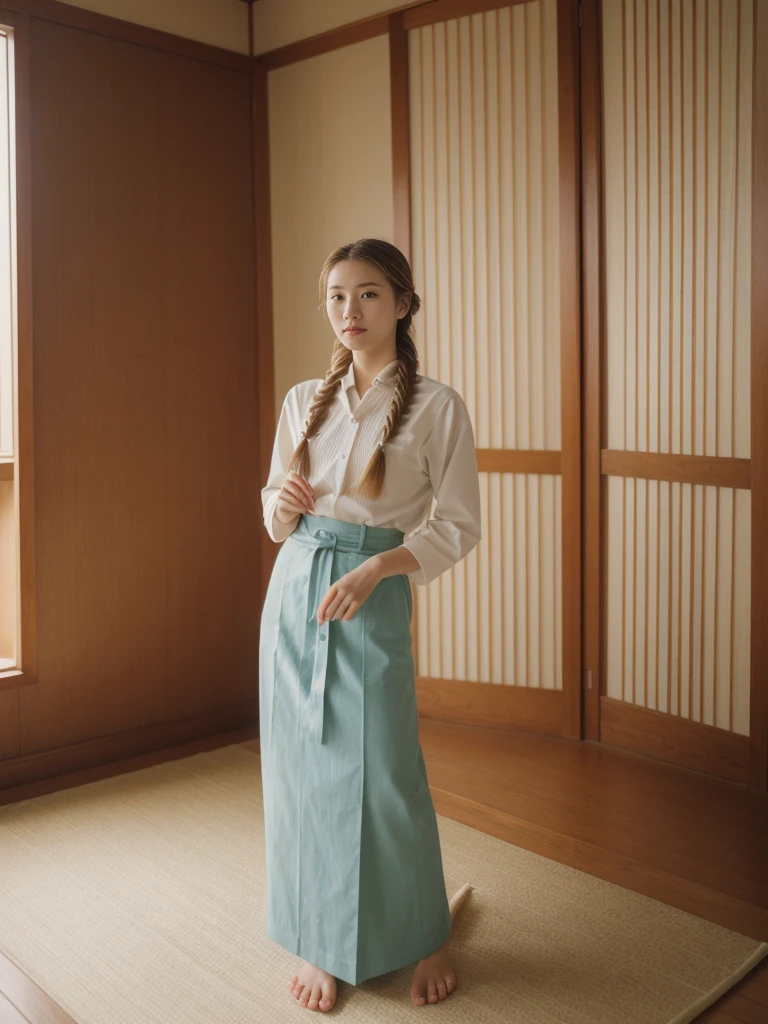 her name is Asako, high quality, 1girl, ((20-year-old fit Caucasian woman)), ((20 years old)), ((slim)), ((Fishtail Braid hair)), pose: standing, wearing aesthetic Generation-Z modern wear different colored, BACKGROUND: "In a traditional tatami room, with sliding shoji screens and a low wooden table set for tea."