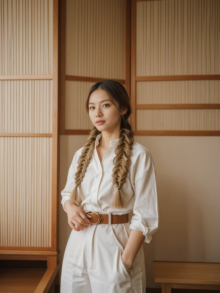 her name is Asako, high quality, 1girl, ((20-year-old fit Caucasian woman)), ((20 years old)), ((slim)), ((Fishtail Braid hair)), pose: standing, wearing aesthetic Generation-Z modern wear different colored, BACKGROUND: "In a traditional tatami room, with sliding shoji screens and a low wooden table set for tea."