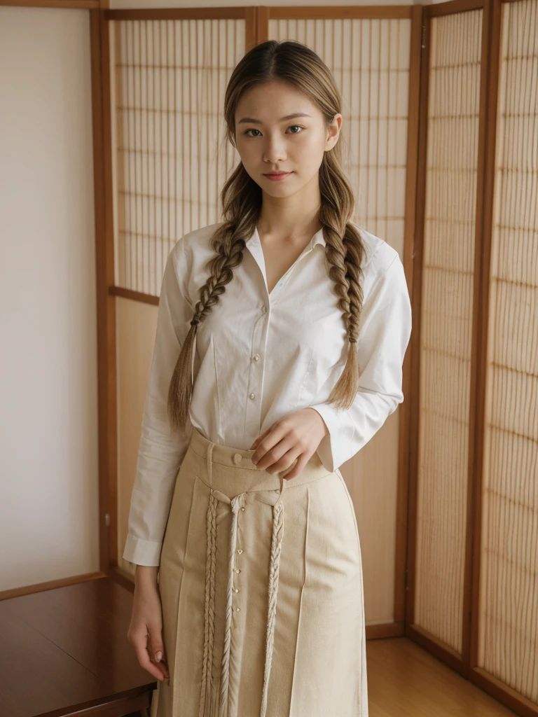 her name is Asako, high quality, 1girl, ((20-year-old fit Caucasian woman)), ((20 years old)), ((slim)), ((Fishtail Braid hair)), pose: standing, wearing aesthetic Generation-Z modern wear different colored, BACKGROUND: "In a traditional tatami room, with sliding shoji screens and a low wooden table set for tea."