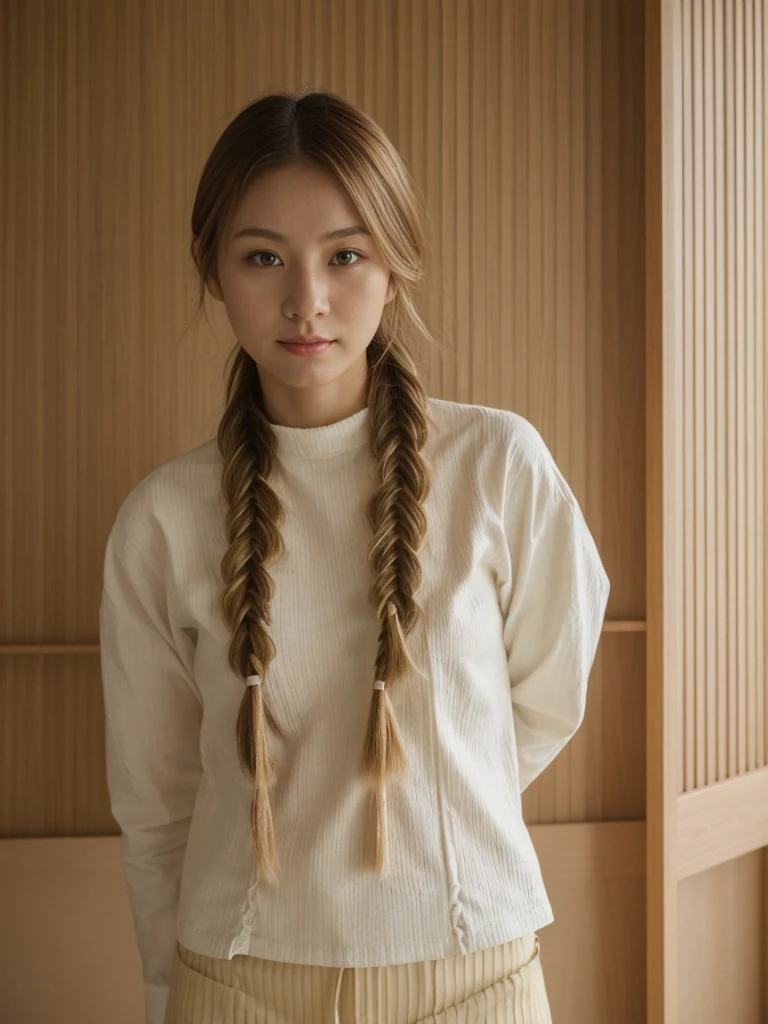 her name is Asako, high quality, 1girl, ((20-year-old fit Caucasian woman)), ((20 years old)), ((slim)), ((Fishtail Braid hair)), pose: standing, wearing aesthetic Generation-Z modern wear different colored, BACKGROUND: "In a traditional tatami room, with sliding shoji screens and a low wooden table set for tea."