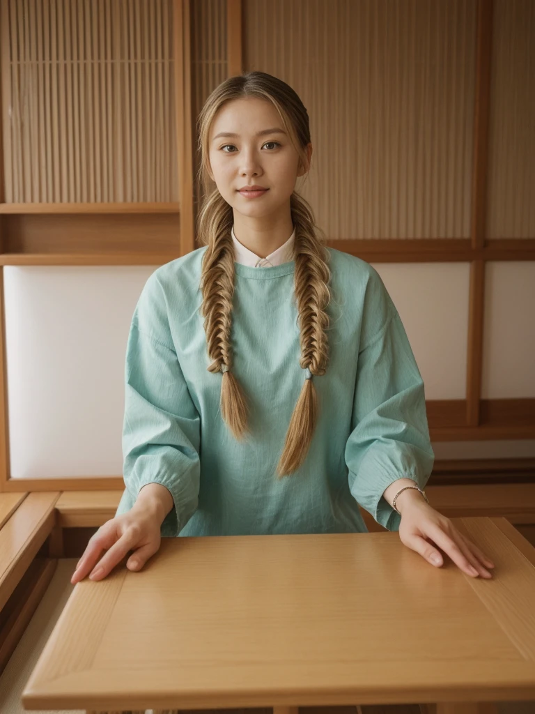her name is Asako, high quality, 1girl, ((20-year-old fit Caucasian woman)), ((20 years old)), ((slim)), ((Fishtail Braid hair)), pose: standing, wearing aesthetic Generation-Z modern wear different colored, BACKGROUND: "In a traditional tatami room, with sliding shoji screens and a low wooden table set for tea."