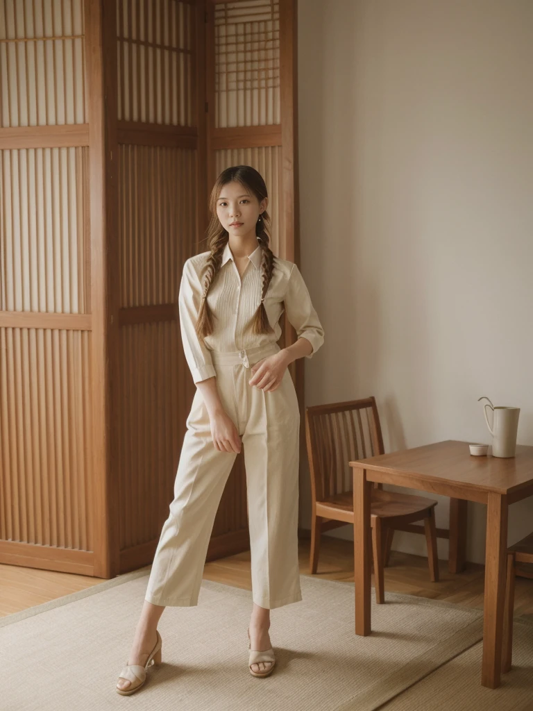 her name is Asako, high quality, 1girl, ((20-year-old fit Caucasian woman)), ((20 years old)), ((slim)), ((Fishtail Braid hair)), pose: standing, wearing aesthetic Generation-Z modern wear different colored, BACKGROUND: "In a traditional tatami room, with sliding shoji screens and a low wooden table set for tea."