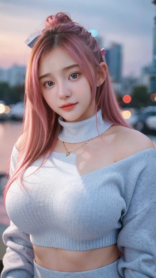 Gorgeus Girl, Beautiful, Baby Face, 20 Years Old, White Skin, Cleavage, Colossal Breasts, Side Pose, Outfit Straps, Crop Turtleneck Top, Mini Shirt, Blue Eye, Muscles, Bokeh, Modern Place Background, Masterpiece, Fullbody Shot, Straight Pink Hair