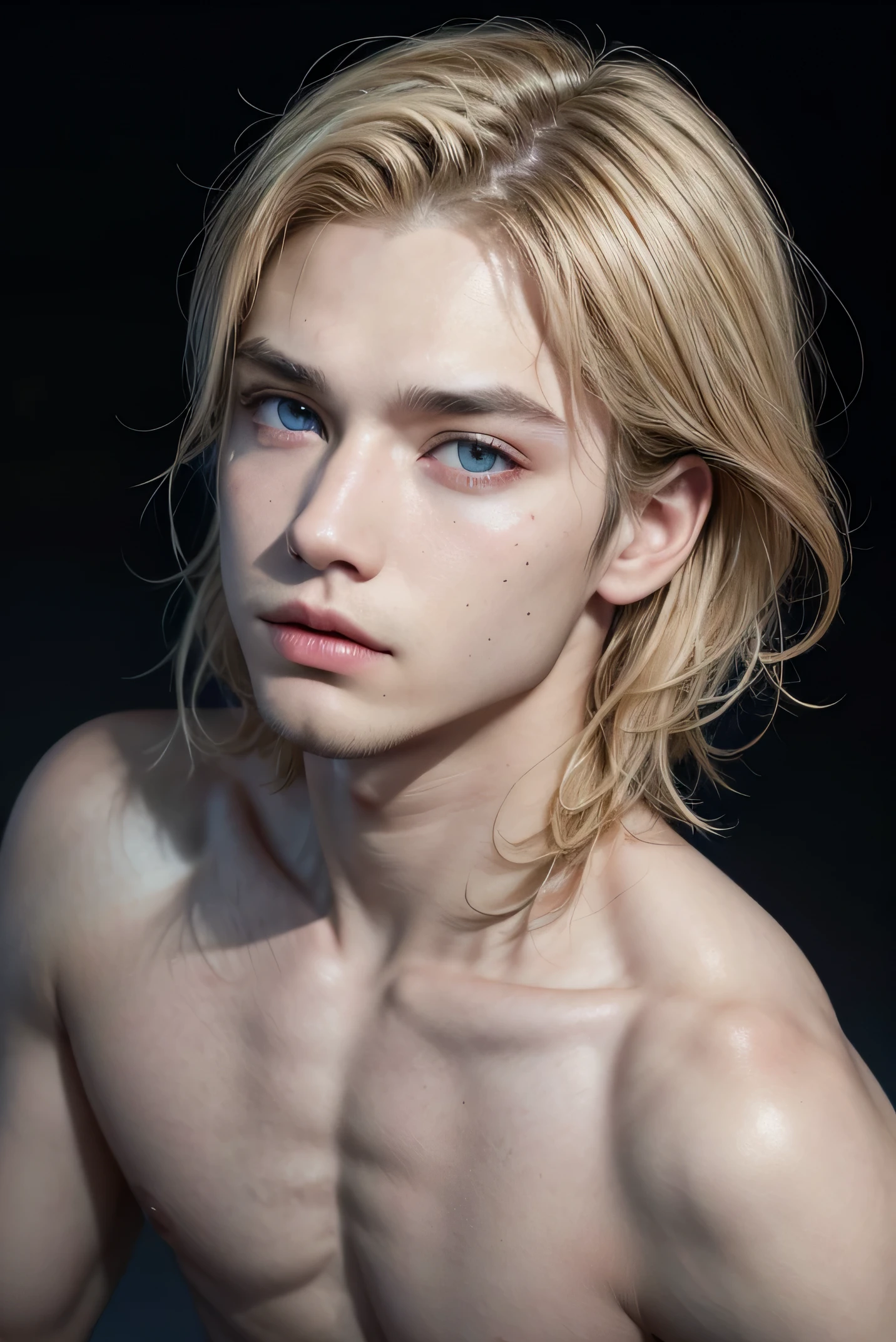 Men boy sea-colored eyes, dark blue, dilated pupils, navy blue, pink mouth, medium-sized lips, thin nose, with some spots on the face, white, smooth and thin skin, with the musculature of a mesomorph, blonde hair with yellow tips, wavy, medium for a man's hair, eyebrows in the same shade as the hair, many moles spread across the body in the shape of a constellation, fine features like an Asian, dark blue eyes slanted like a Japanese, dragon tattoo on left arm, tattoo color: red.