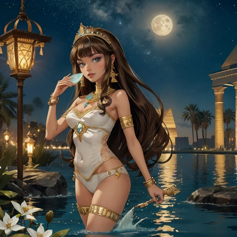 1 girl, lake scenery, seat on the water, white swim suit, gold details on her clothes, waterfall, white flowers on focus, full moon, night, flowing hair, crystals, sparkles, firefly, Egyptian aesthetic, brown hair, Egypt style, Cleo de Nilo_(monster high), Monster High, holding a fan, lantern, Egypt pyramids in the background, jewel, lake scene, oasis, desert