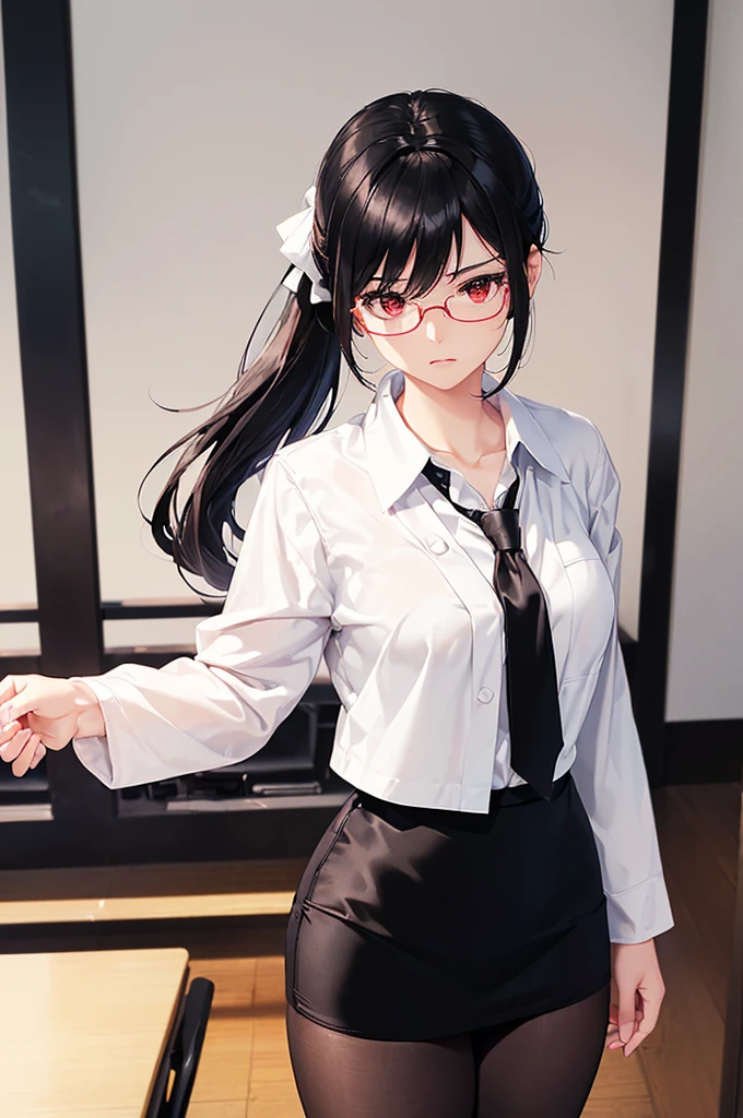 (masterpiece; best quality: 1.2), (finely detailed eyes: 1.3), ((25 year old woman)), ((solo)), (red eyes: 1.4), (body; gorgeous, soft, femenine: 1.3), (silky black hair + low ponytail: 1.3), (beautiful and clear background: 1.2), ((depth of field)), (equipment: white open lab coat + black shirt + white necktie + black pencil skirt + black tights + black square glasses: 1.3), (anime illustration: 1.2), (background composition; japanese highschool classroom + furniture: 1.1), (extremely fine and beautiful: 1.1), (shot composition; standing + centered on torso + close-up: 1.5), (expression; calm, stoic: 1.2)