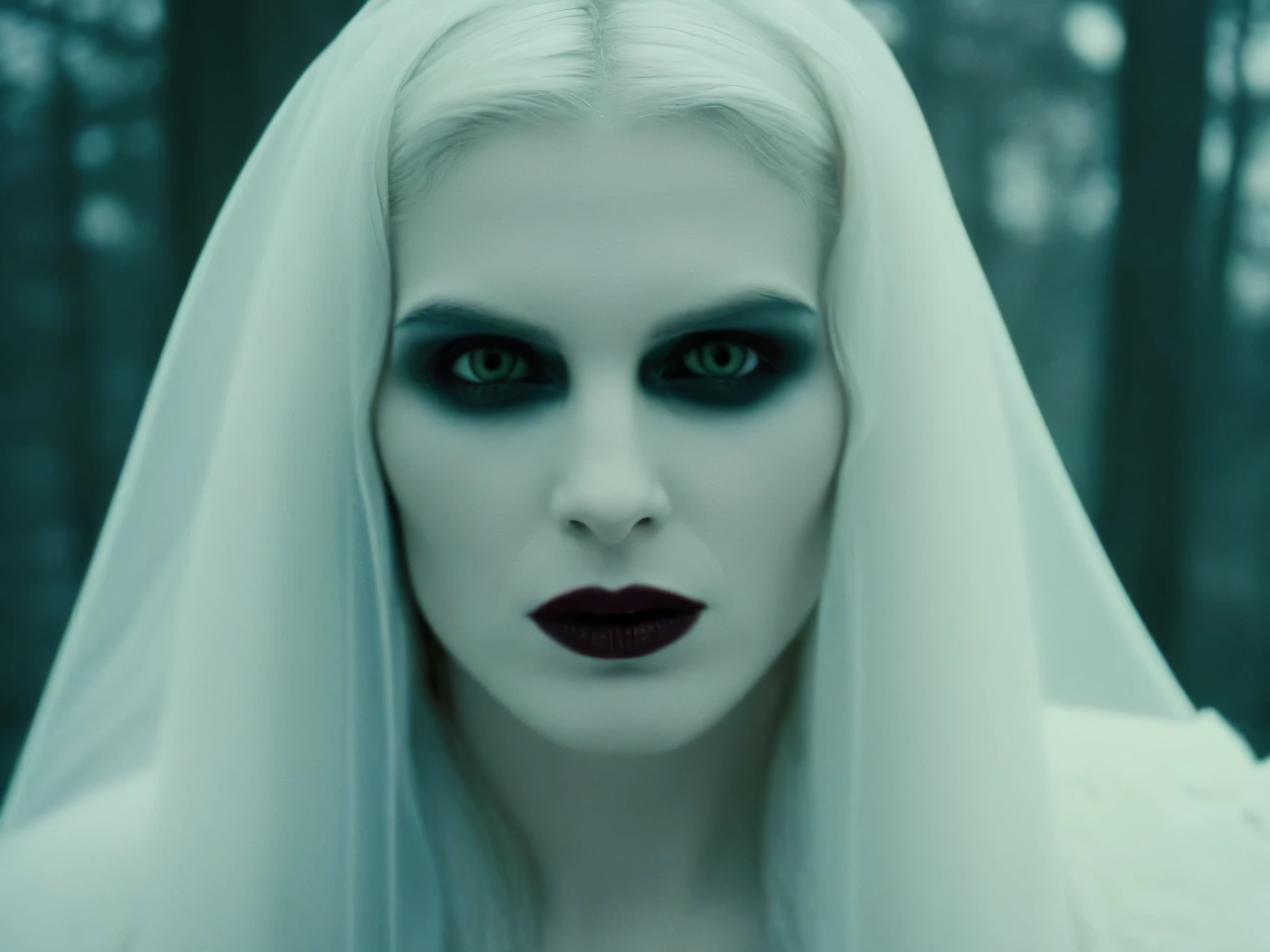 analog film photo of Female Vampire a pale ice cold skin vampire woman with white hair and a white face and reflective eyes in year 17, faded film, desaturated, 35mm photo, grainy, vignette, vintage, Kodachrome, Lomography, stained, highly detailed, found footage