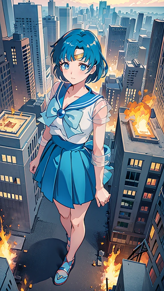 Anime Style　Beauty　masterpiece　Unreal Engine　Precision　Cute Girls　giant girl　(Mizuno Ami from Skyscraper))　Blue short hair　Sailor Mercury　uniform　((A view from the sky)) Big fire　fire　Explosion burst into flames　Cleavage　((Destroyed city in flames)) ((Fire)) ((Destroyed buildings)) ((Destroyed cars)) ((Pile of rubble)) 90's Giant Girl on the Road in the Big City Uniform Skirt ((Dim cloudy sky)) Female Giant huge girl full body Destroyed skyscrapers, destroyed cars, crowd Unreal Engine,