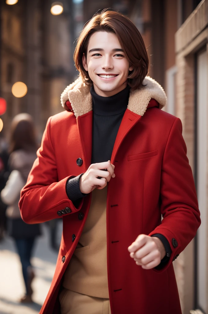 man with brown hair, red coat, smiling and happy appearance, blurred background