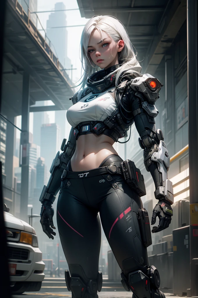 a girl with white hair, blue eyes, perfect facial features, wearing a high-tech bra, exposed midriff, high-tech robotic arms, pants, high-tech sneakers, serious pose, robotic mecha suit standing beside her, (best quality,4k,8k,highres,masterpiece:1.2),ultra-detailed,(realistic,photorealistic,photo-realistic:1.37),cinematic lighting,intricate details,highly detailed,futuristic,cyberpunk,dramatic,moody