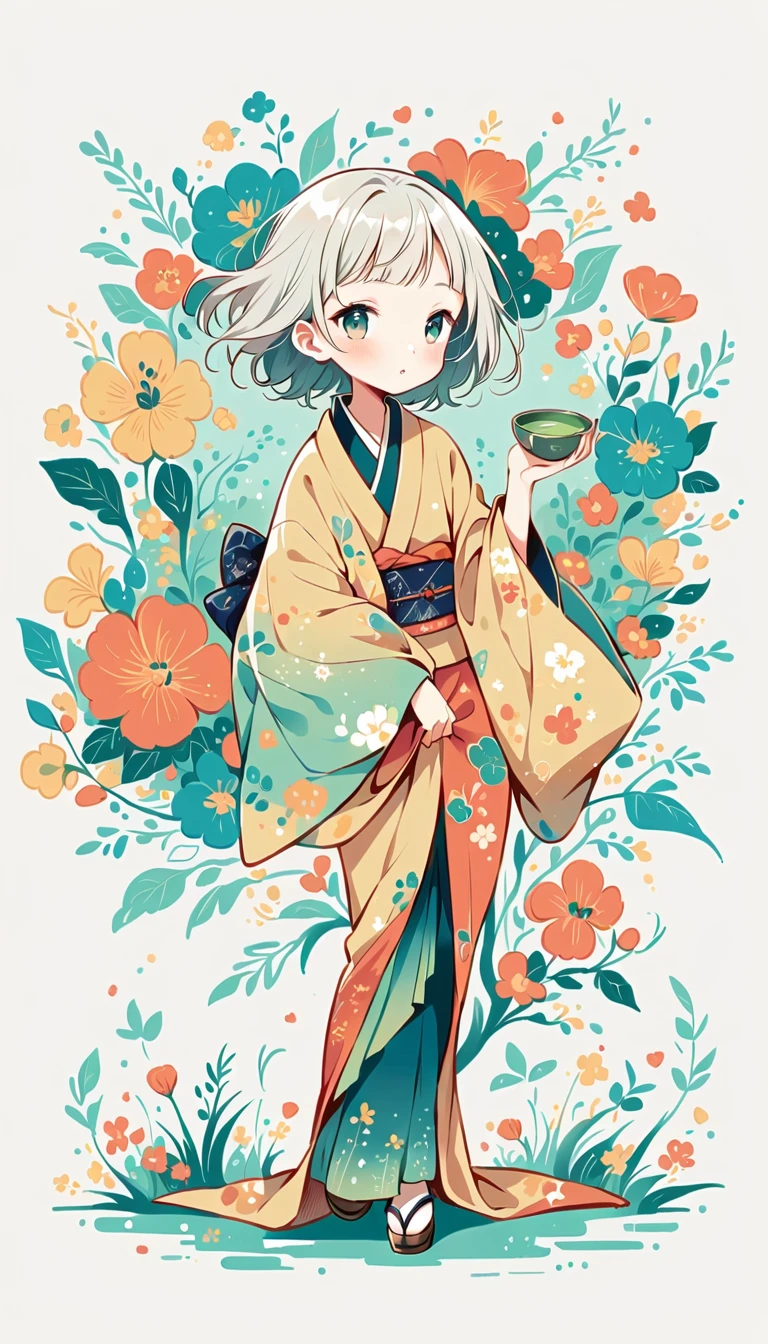 white background, Fujichoco style, kimono, white hair, full body, green tea, tea ceremony, simple background,Simple line initialism, (((The Most Beautiful Girl))), wallpapers, 8K,