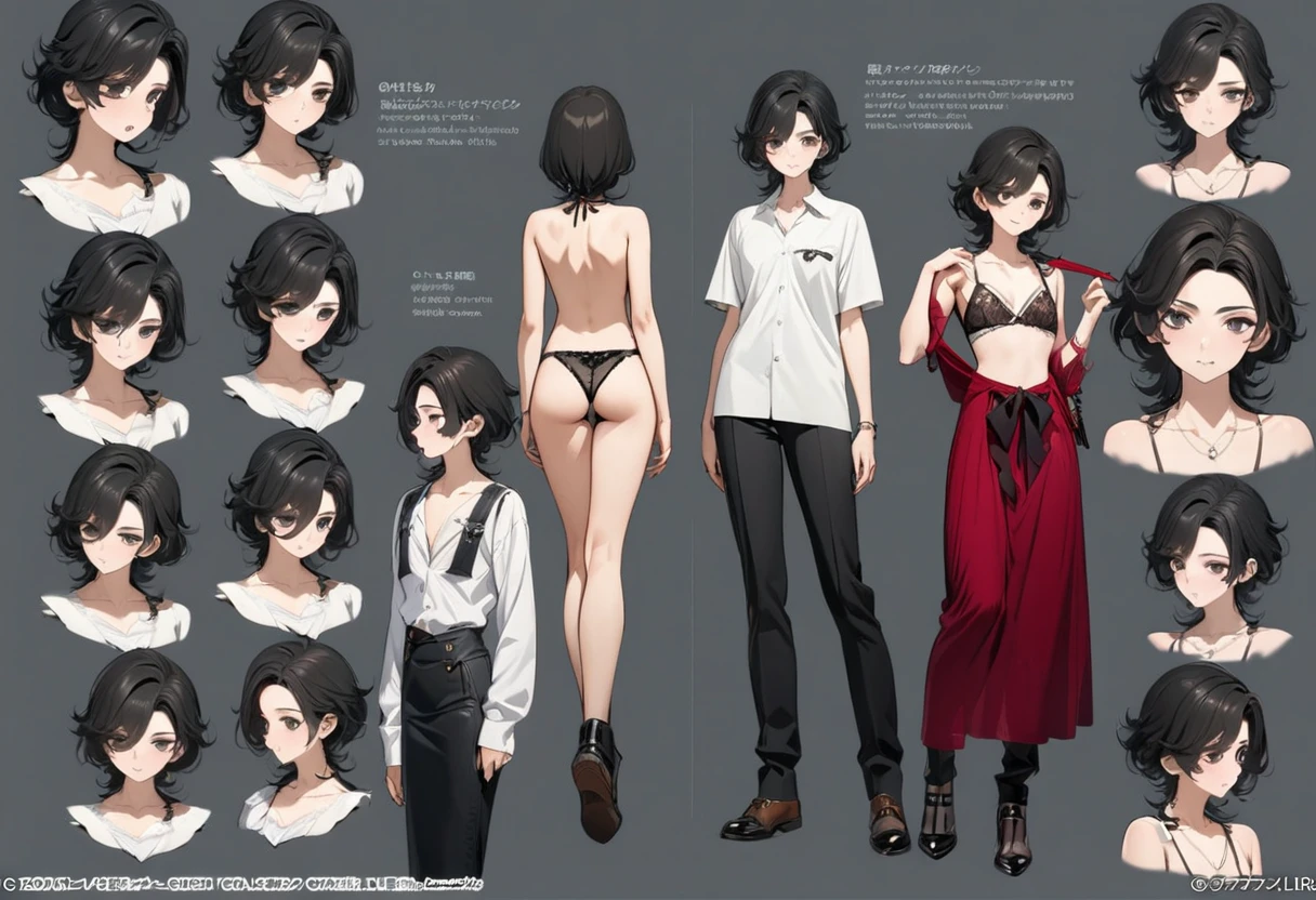 (masterpiece, Highest quality, Highest quality, Official Art, Cosmetology and aesthetics: 1.2), Browsing Caution, Cross-dressing boy with shoulder-length black hair, lingerie,cute, Delicate and short,whole body,Standing boy,three views, Front, back and sides,Character Sheet,whole body,Simple Background