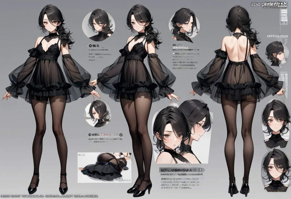 (masterpiece, Highest quality, Highest quality, Official Art, Cosmetology and aesthetics: 1.2), Browsing Caution, Cross-dressing boy with shoulder-length black hair, lingerie,cute, Delicate and short,whole body,Standing boy,three views, Front, back and sides,Character Sheet,whole body,Simple Background
