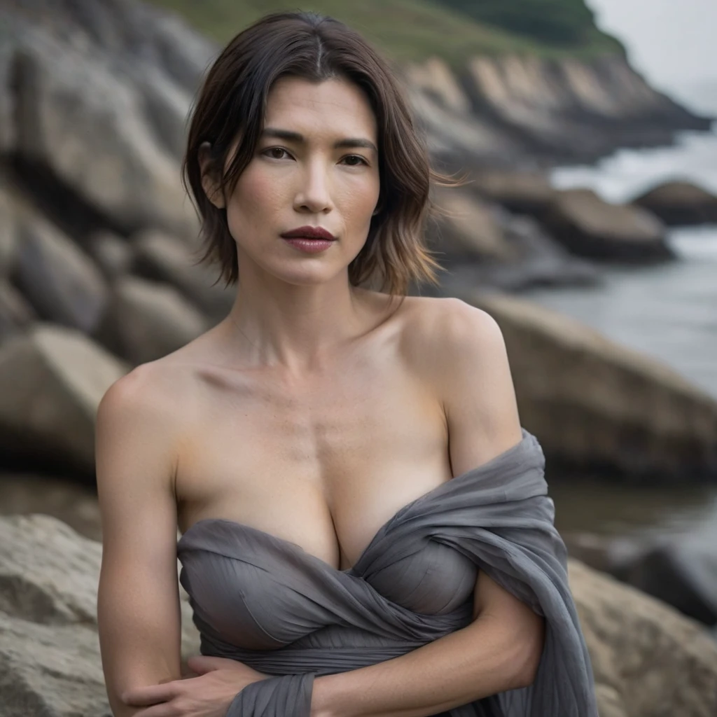 Quite a bit body of a beautiful face Korean girls on ‘cliff’ still from the film, (Cobie Smulders look alike face: 0.7), in the style of foggy valley, fighting practice photography, tangerine and fossil grey, burne-jones, photorealistic urban scenes, luminosity of water, Leica SL3, Summicron-SL 75 f/2 ASPH, MyHeart 200 film, bare shoulder, monk cloth, dynamic action pose,Mysterious