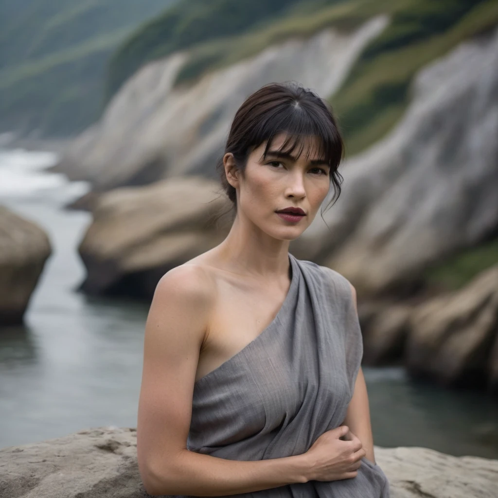 Quite a bit body of a beautiful face Korean girls on ‘cliff’ still from the film, (Cobie Smulders look alike face: 0.7), in the style of foggy valley, fighting practice photography, tangerine and fossil grey, burne-jones, photorealistic urban scenes, luminosity of water, Leica SL3, Summicron-SL 75 f/2 ASPH, MyHeart 200 film, bare shoulder, monk cloth, dynamic action pose,Mysterious