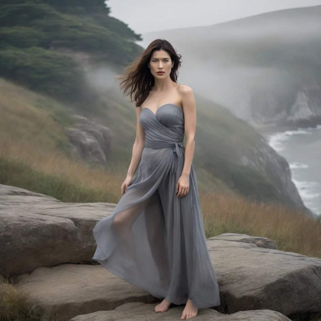 Quite a bit body of a beautiful face  Korean girls on ‘cliff’ still from the film, (Cobie Smulders look alike face: 0.7), in the style of foggy valley, fighting practice photography, tangerine and fossil grey, burne-jones, photorealistic urban scenes, luminosity of water, Leica SL3, Summicron-SL 75 f/2 ASPH, MyHeart 200 film, bare shoulder, monk cloth, dynamic action pose,Mysterious