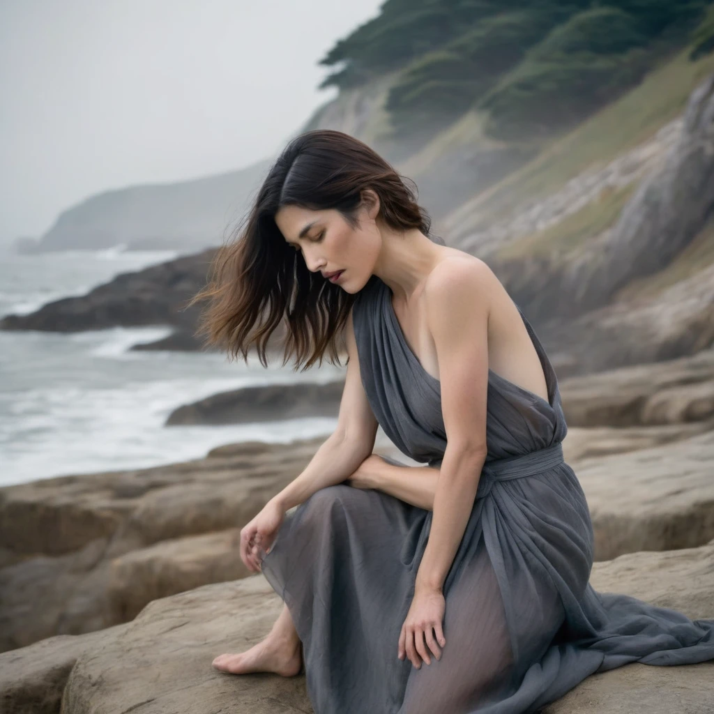 Quite a bit body of a beautiful face  Korean girls on ‘cliff’ still from the film, (Cobie Smulders look alike face: 0.7), in the style of foggy valley, fighting practice photography, tangerine and fossil grey, burne-jones, photorealistic urban scenes, luminosity of water, Leica SL3, Summicron-SL 75 f/2 ASPH, MyHeart 200 film, bare shoulder, monk cloth, dynamic action pose,Mysterious