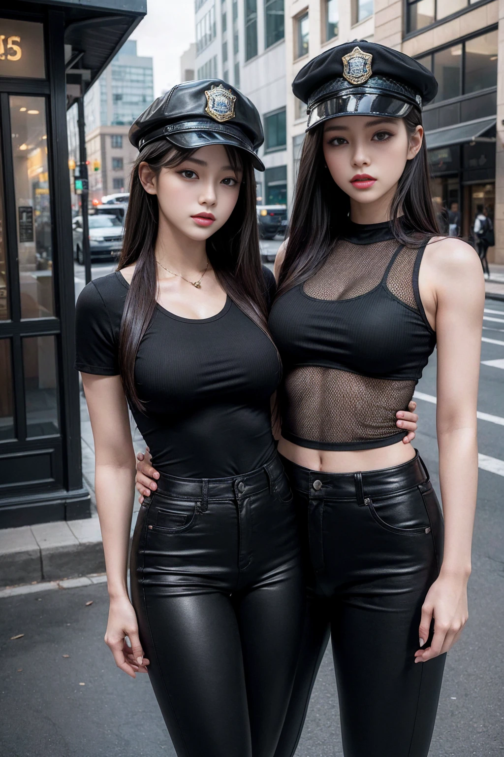 Physically Based Rendering, (1个female孩:1), female, (beautiful:1.2), street, Sexy muscular body, Slim waist, (Big Shot:1.Keep, Tight black pants, Dressed in America,Wearing a police hat,