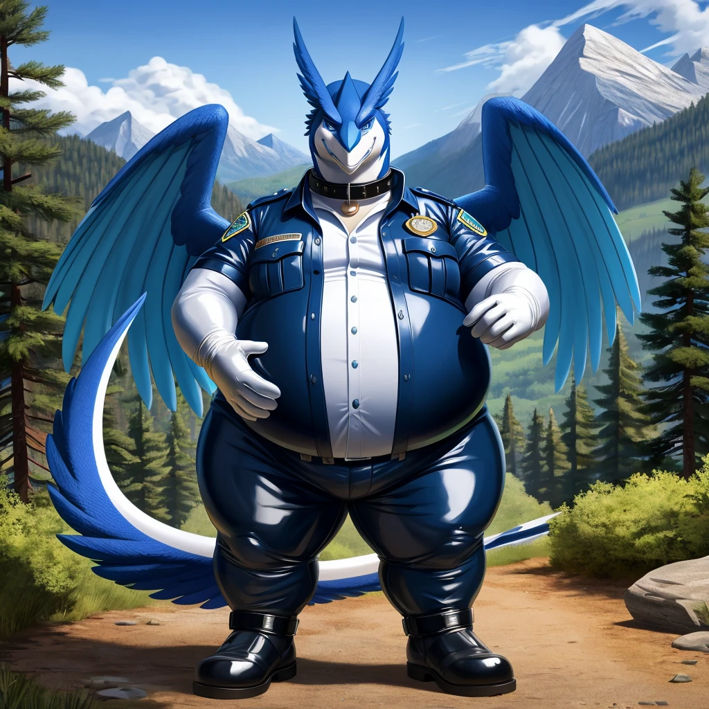 solo, full body, Male, fat, extremely obese, Shiron, park ranger, trousers, outdoor, park ranger uniform, collared shirt with buttons, blue eyes, (soft shading), 4k, hi res, ((detailed face, detailed)), looking at viewer, evil grin, Shiron is wearing the collared shirt and leather collar at the same time, Shiron is wearing a glossy leather dog collar around the neck, Shiron is wearing white rubber gloves on the hands, white rubber gloves on the feet, gloves are rubber in texture, leather collar is shiny, leather collar is extremely detailed, rubber gloves are glossy, Evergreen pine forest and mountains national park in the background, Environmental protection area.