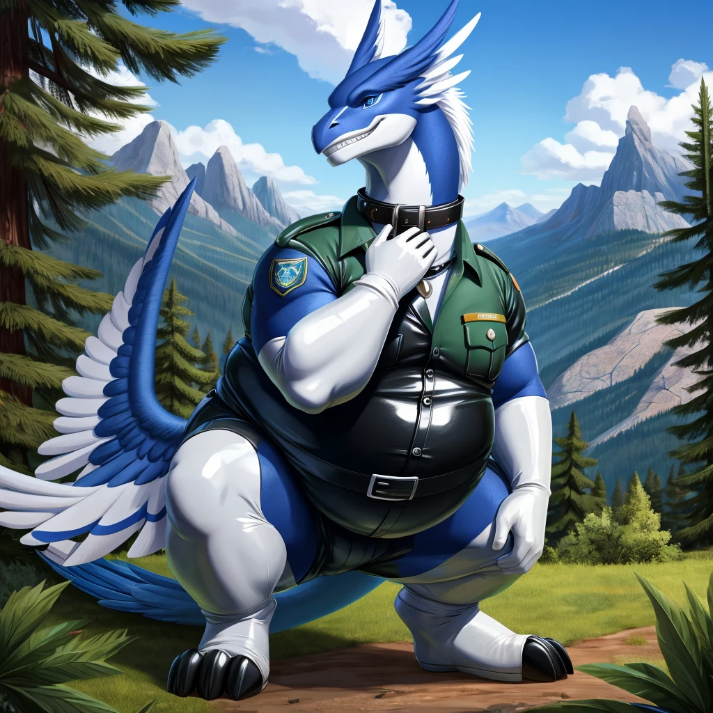 solo, full body, Male, fat, extremely obese, Shiron, park ranger, trousers, outdoor, park ranger uniform, collared shirt with buttons, blue eyes, (soft shading), 4k, hi res, ((detailed face, detailed)), looking at viewer, evil grin, Shiron is wearing the collared shirt and leather collar at the same time, Shiron is wearing a glossy leather dog collar around the neck, Shiron is wearing white rubber gloves on the hands, white rubber gloves on the feet, gloves are rubber in texture, leather collar is shiny, leather collar is extremely detailed, rubber gloves are glossy, Evergreen pine forest and mountains national park in the background, Environmental protection area.