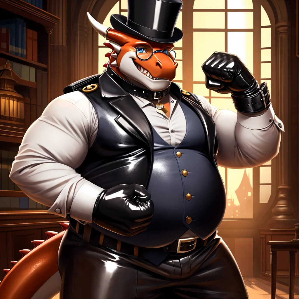Solo, Male, fat, extremely obese, gentleman, dapper Professor Dragon, blue eyes, (posing:1.3), (soft shading), 4k, hi res, ((detailed face, detailed)), looking at viewer, evil grin, steampunk, collared shirt with buttons, top hat, male focus, Explorer Outfit, glasses, monocle, bag, vest with buttons, backpack, sleeves rolled up, round eyewear, brown headwear, brown vest, Dragon is wearing a glossy leather dog collar around the neck, Dragon is wearing the leather collar and shirt and vest at the same time, Dragon is wearing glossy white rubber gloves on the hands, wearing white rubber gloves on the feet, Dragon is wearing glossy white cuffs around the wrists with cufflinks, gloves are rubber in texture, clenching teeth, clenching fists, leather collar is glossy and shiny with a lot of detail, Dragon is wearing gloves and cuffs and cufflinks at the same time, leather collar has a round dog-tag, leather collar is thick and detailed.