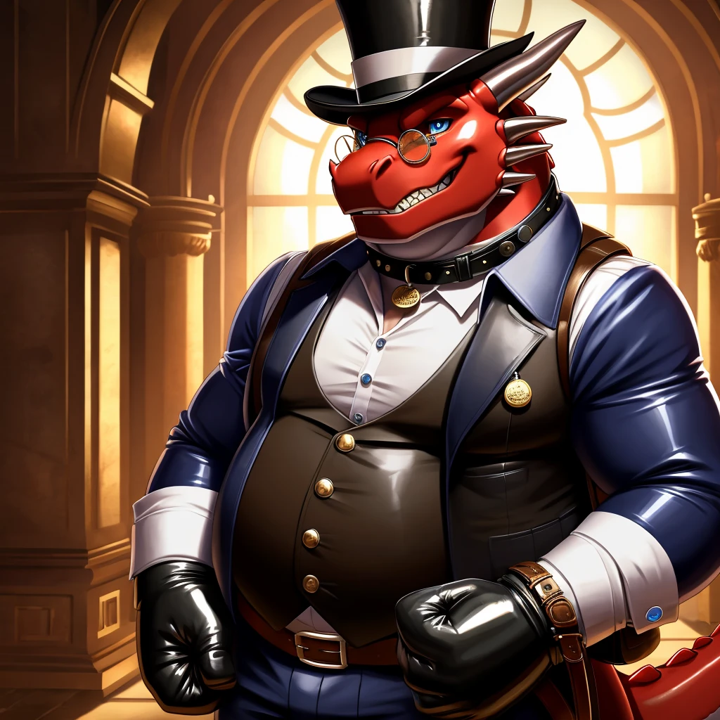 Solo, Male, fat, extremely obese, gentleman, dapper Professor Dragon, blue eyes, (posing:1.3), (soft shading), 4k, hi res, ((detailed face, detailed)), looking at viewer, evil grin, steampunk, collared shirt with buttons, top hat, male focus, Explorer Outfit, glasses, monocle, bag, vest with buttons, backpack, sleeves rolled up, round eyewear, brown headwear, brown vest, Dragon is wearing a glossy leather dog collar around the neck, Dragon is wearing the leather collar and shirt and vest at the same time, Dragon is wearing glossy white rubber gloves on the hands, wearing white rubber gloves on the feet, Dragon is wearing glossy white cuffs around the wrists with cufflinks, gloves are rubber in texture, clenching teeth, clenching fists, leather collar is glossy and shiny with a lot of detail, Dragon is wearing gloves and cuffs and cufflinks at the same time, leather collar has a round dog-tag, leather collar is thick and detailed.