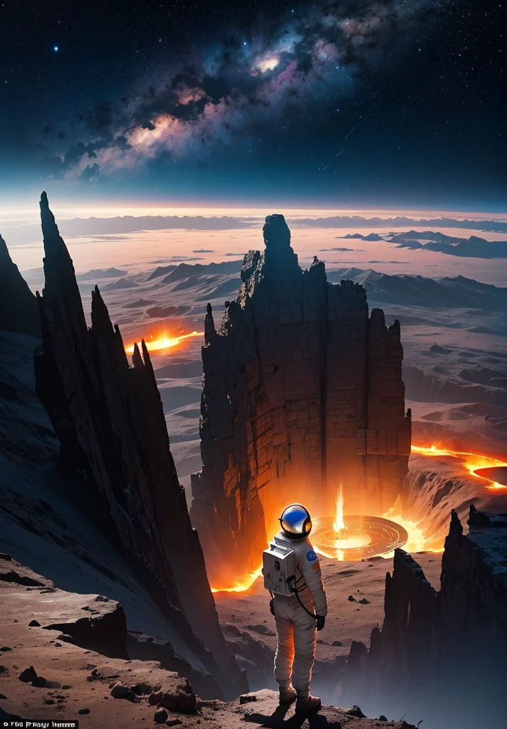 An astronaut stands on the edge of a vast cliff, peering down into an enormous, deep crater that stretches out before them. The Martian night sky is filled with countless stars, casting a gentle glow over the barren, rocky terrain. The depth of the crater is immense, disappearing into darkness, creating a sense of awe and wonder. Jagged rocks and steep slopes surround the scene, with the distant Martian mountains silhouetted against the starry sky. The astronaut's suit is faintly illuminated by their helmet lights, highlighting the surreal beauty of the Martian night.
