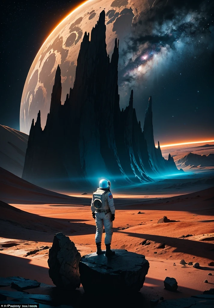 An astronaut stands on the edge of a vast cliff, peering down into an enormous, deep crater that stretches out before them. The Martian night sky is filled with countless stars, casting a gentle glow over the barren, rocky terrain. The depth of the crater is immense, disappearing into darkness, creating a sense of awe and wonder. Jagged rocks and steep slopes surround the scene, with the distant Martian mountains silhouetted against the starry sky. The astronaut's suit is faintly illuminated by their helmet lights, highlighting the surreal beauty of the Martian night.