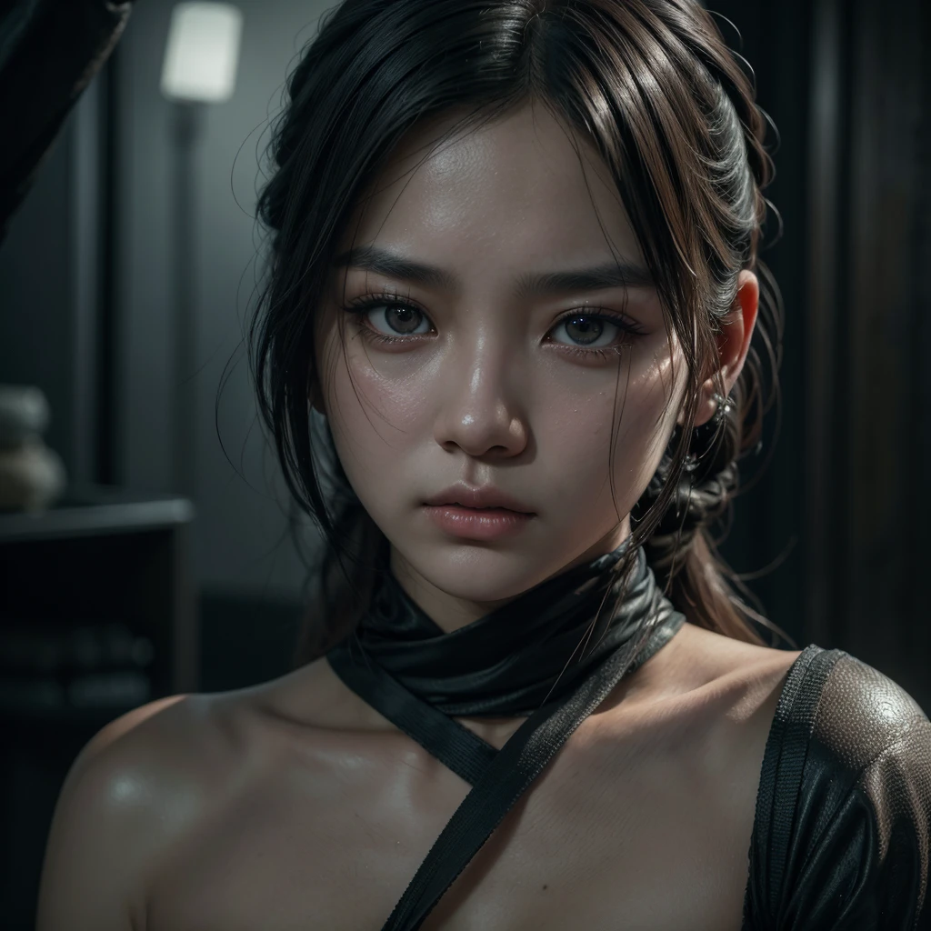 a 20 year old southeast asian girl, detailed face, beautiful eyes, long eyelashes, detailed skin, assassin, cold expression, covert infiltrator, intricate details, cinematic lighting, dramatic shadows, moody atmosphere, muted color palette, photorealistic, masterpiece, highly detailed, 8k, hyperrealistic
