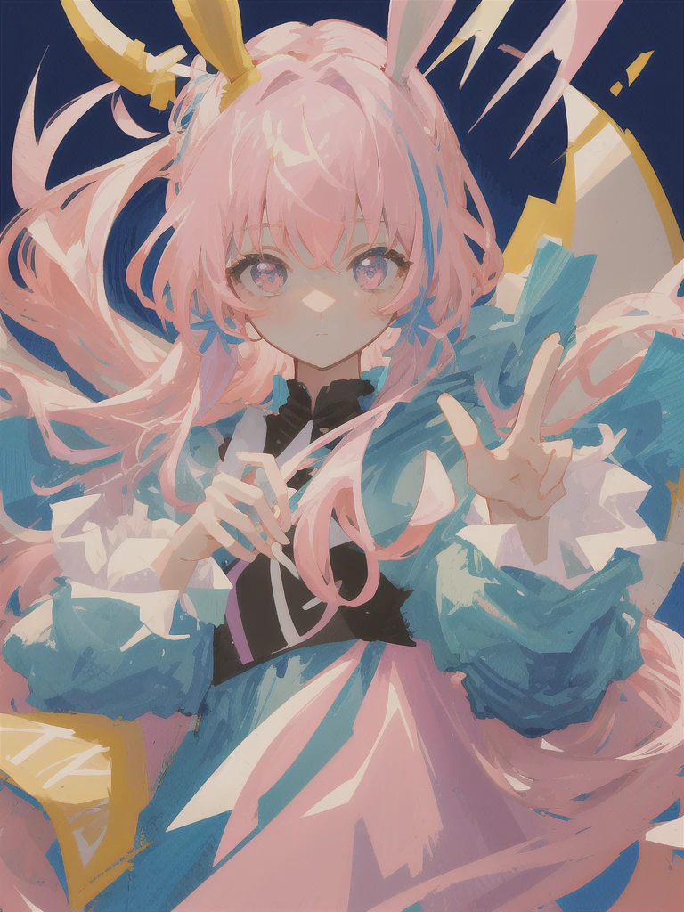 masterpiece, high quality, best quality, 1girl, solo, solo focus, upper body, looking at viewer, pink hair, big bunny ears, 2 pony tail hair,