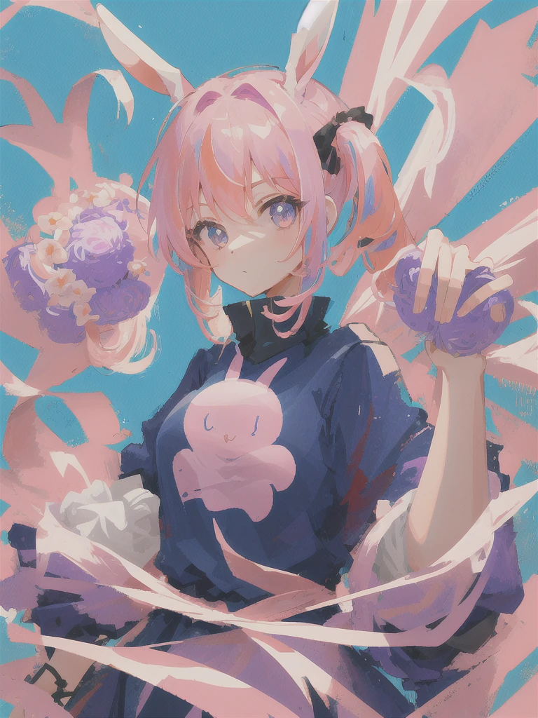 masterpiece, high quality, best quality, 1girl, solo, solo focus, upper body, looking at viewer, pink hair, big bunny ears, 2 pony tail hair,