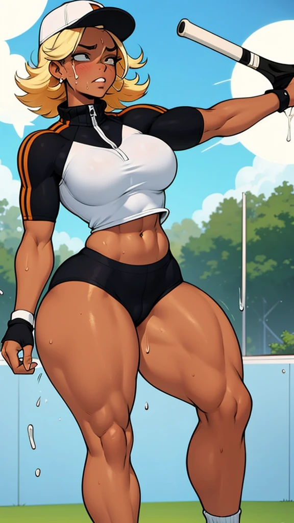 Athletic and curvy milf, muscle, cap, blond hair, sports top, high sports panties, parts, tanned skin, sunburn, high socks, Sports Tennis, sweating, clothes wet with sweat