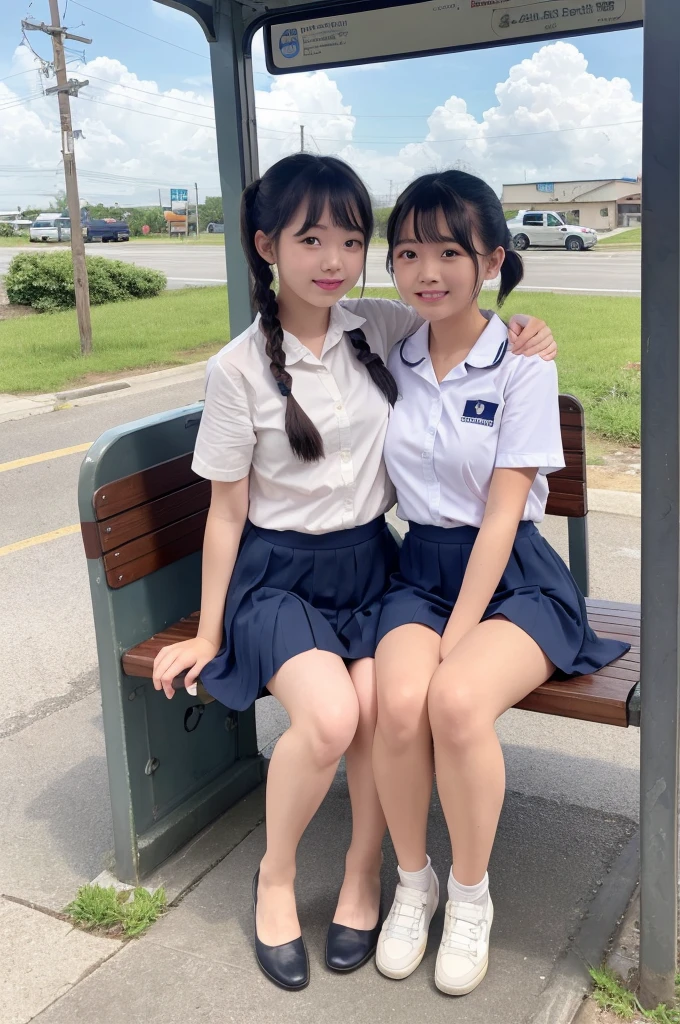 2 girls in rural seaside bus stop,cumulonimbus cloud in summer sky,sailor shirt,navy blue pleated micro mini skirt,white panties,18-year-old,bangs,a little smile,thighs,knees,short hair with low pigtails bunches,from below,front light