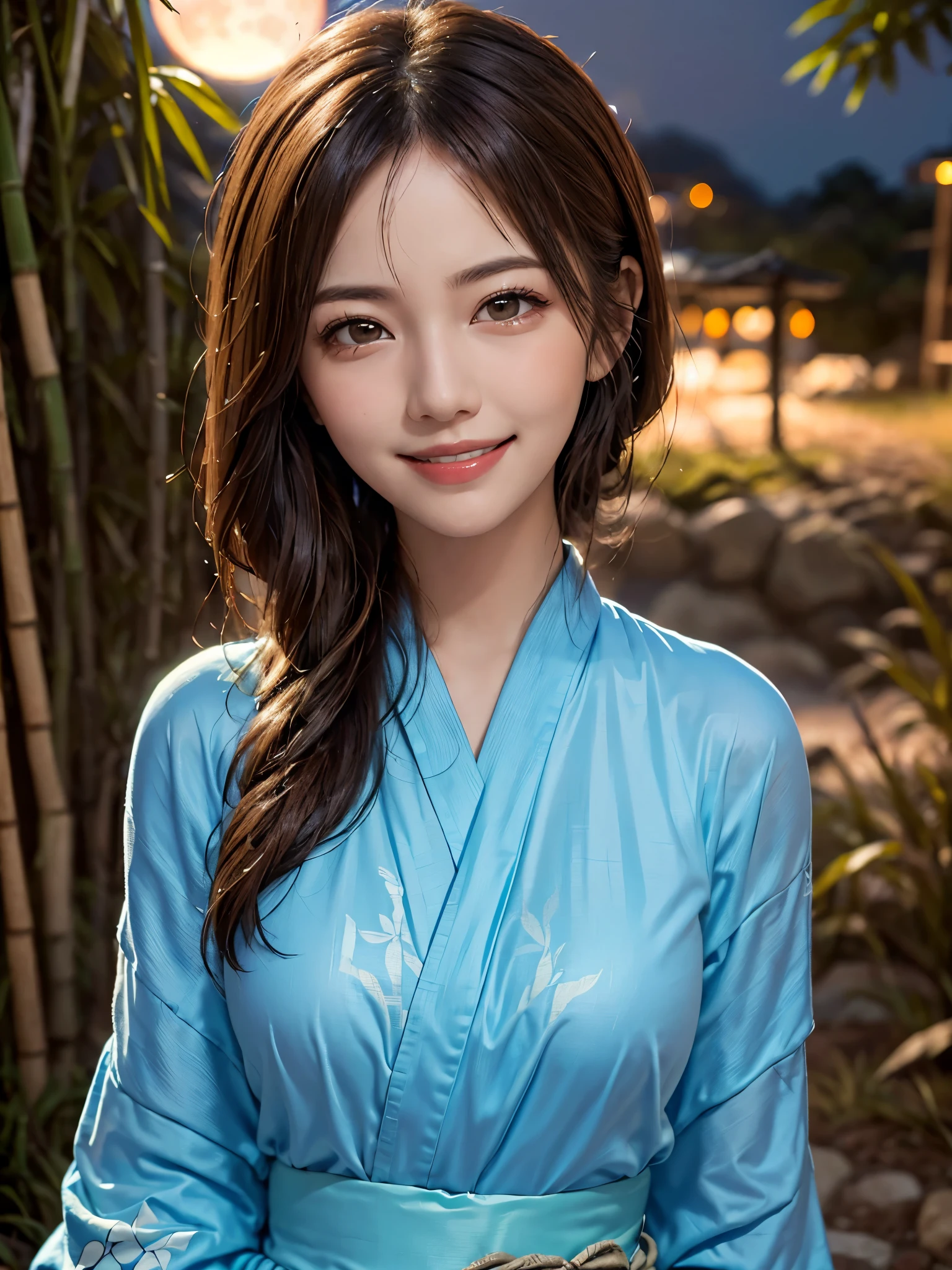 Highest quality, masterpiece, Ultra-high resolution, (Realistic:1.4), RAW Photos, One Girl, Incredibly beautiful kimono, Twelve-layered kimono, Japanese clothing, Deep Shadow, Moderate, Bamboo forest at night, Illuminated by the moonlight, 20-year-old, (A kind smile:1.3), Cute face, (head shot:1.5)