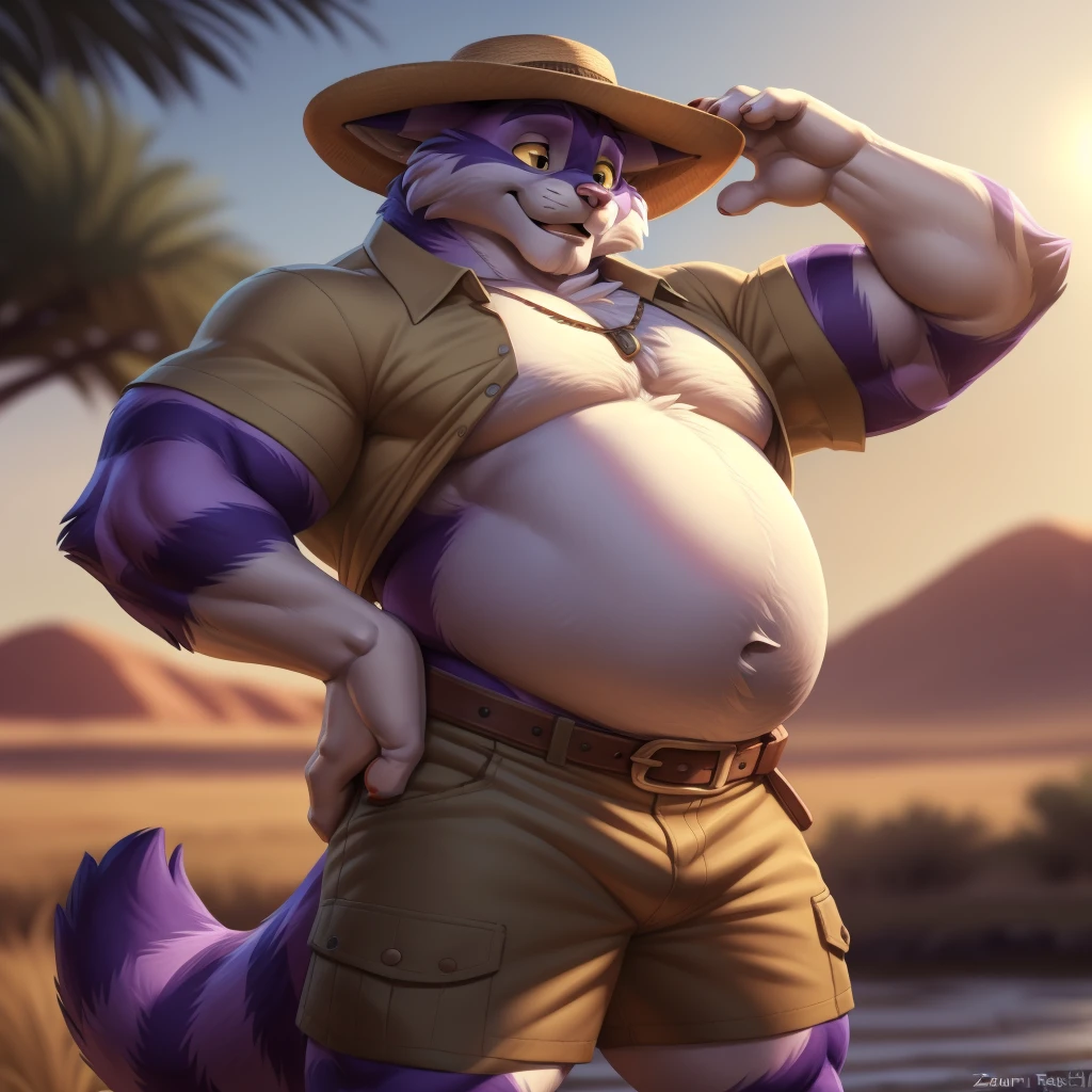 big the cat, yellow sclera, black eyes, male, musclegut, bara, (pose:1.3), (posing:1.3), (soft shading), 4k, hi res, ((detailed face, (detailed eyes:1.0), detailed)), (full body), by zackarry911, by zaush, (by personalami:0.5), safari shirt, safari shorts, safari hat 