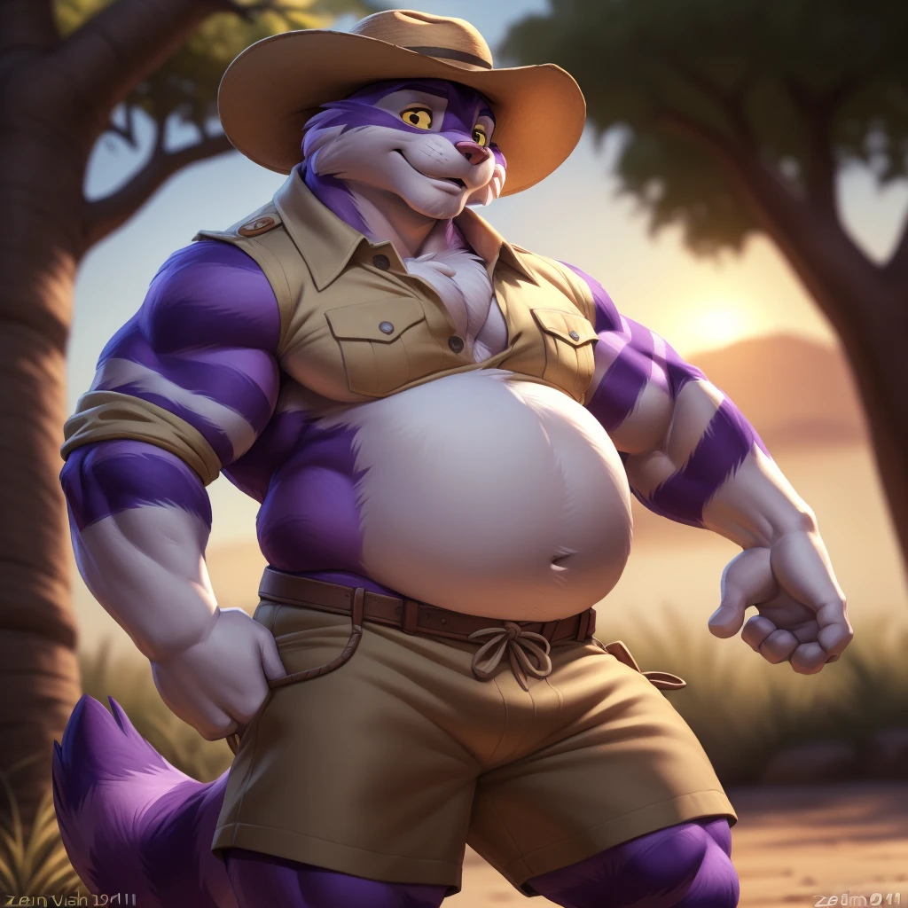 big the cat, yellow sclera, black eyes, male, musclegut, bara, (pose:1.3), (posing:1.3), (soft shading), 4k, hi res, ((detailed face, (detailed eyes:1.0), detailed)), (full body), by zackarry911, by zaush, (by personalami:0.5), safari shirt, safari shorts, safari hat 