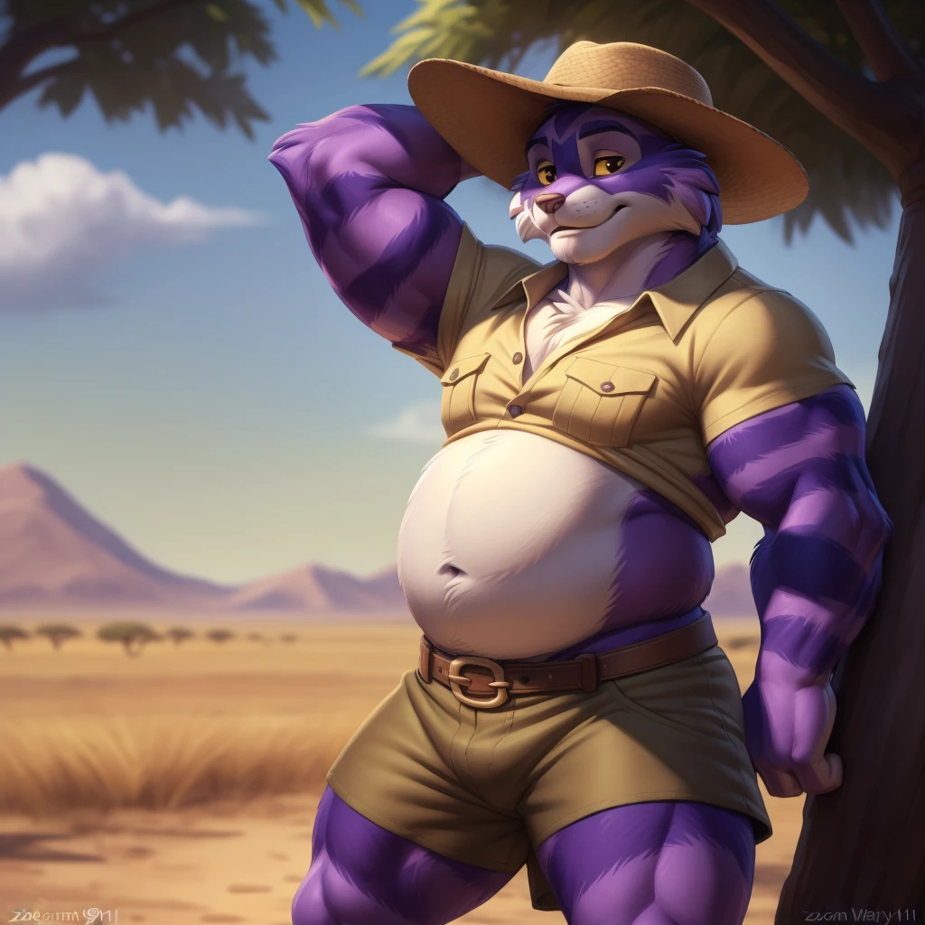 big the cat, yellow sclera, black eyes, male, musclegut, bara, (pose:1.3), (posing:1.3), (soft shading), 4k, hi res, ((detailed face, (detailed eyes:1.0), detailed)), (full body), by zackarry911, by zaush, (by personalami:0.5), safari shirt, safari shorts, safari hat 