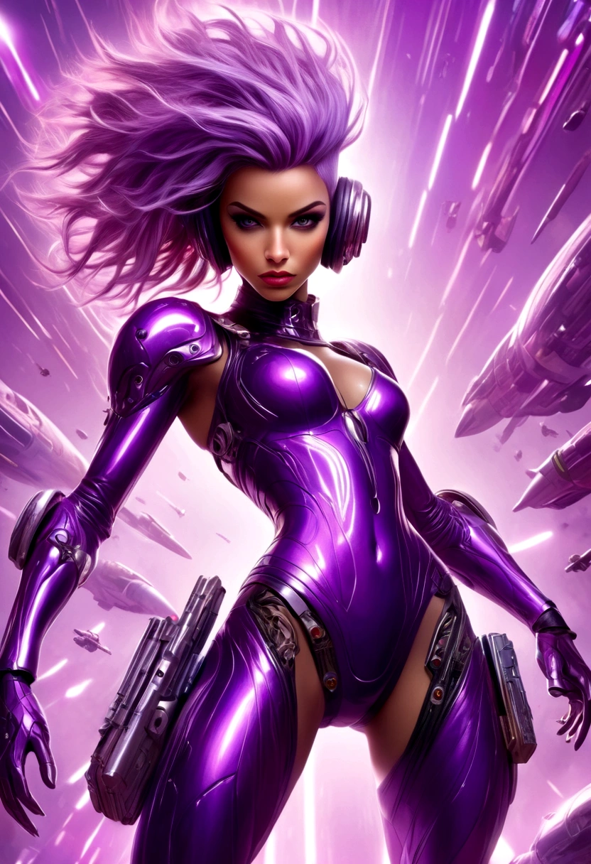 Luciwilde is a sexy cyborg with a entirely electric purple metallic body(obviously mechanical), metal helmet stylized as a fashion model hairdo (no hair visible), and a completely human face. She is flying through space propelled by jets in her feet. She has a guitar with a laser rifle built into it. Full body shot, show all of her, action pose with her weapon, best quality, extreme attention to detail, beautiful face
