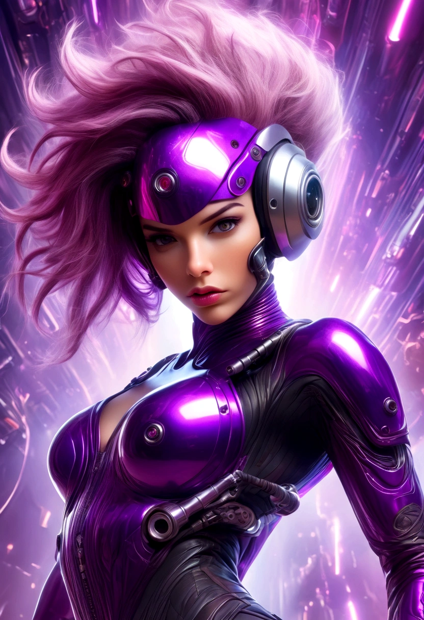Luciwilde is a sexy cyborg with a entirely electric purple metallic body(obviously mechanical), metal helmet stylized as a fashion model hairdo (no hair visible), and a completely human face. She is flying through space propelled by jets in her feet. She has a guitar with a laser rifle built into it. Full body shot, show all of her, action pose with her weapon, best quality, extreme attention to detail, beautiful face