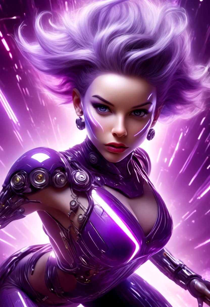 Luciwilde is a sexy cyborg with a entirely electric purple metallic body(obviously mechanical), metal helmet stylized as a fashion model hairdo (no hair visible), and a completely human face. She is flying through space propelled by jets in her feet. She has a guitar with a laser rifle built into it. Full body shot, show all of her, action pose with her weapon, best quality, extreme attention to detail, beautiful face