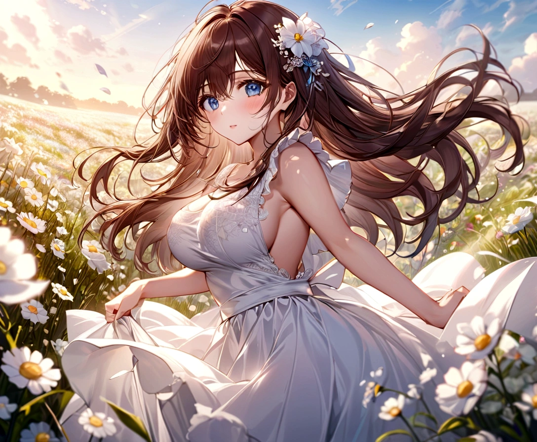 girl、cute、Brown Hair、Fluffy hair、Long Hair、White dress、Skirt fluttering in the wind、solo、blue eyes、Highest quality、masterpiece、Clear focus、Large Breasts、Perfect Body、Highly detailed eye depiction、Flower Field