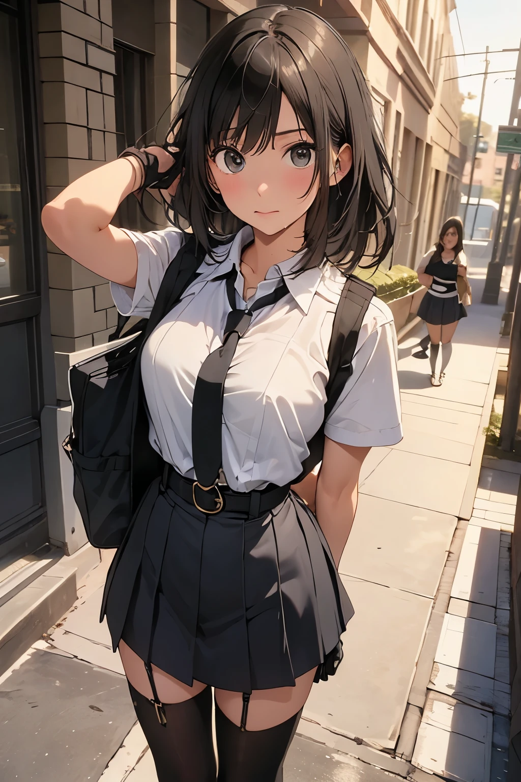 high quality, masterpiece, Ultra-high resolution, (realism: 1.4), Oil painting style, Cinema Lighting, , I stood on the empty asphalt road and looked at it., And the suspenders with the cranes flying Moderate breasts Small face holster Lying in bed Looking up Sweat belt summer 脇Sweat Black Hole Gloves suit mini skirt garterbelt Leg Links ズボンにbelt holster Hands behind your back Anxious expression Looking up Anxious face Knee-high Knee socks Knee-highソックス garterbelt garter ふとももにgarterbelt