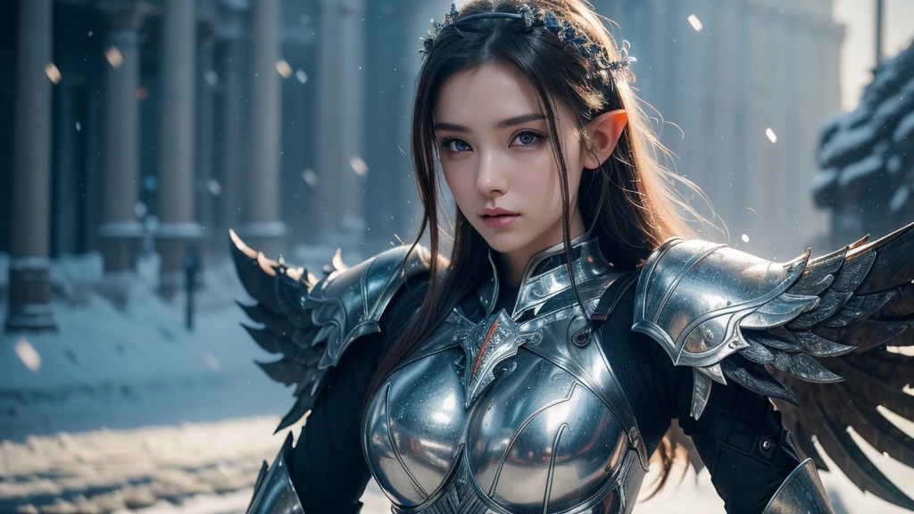 Close-up of woman holding sword and armor, Armor Girl, 2. 5D CGI anime fantasy artwork, Large Breasts,Epic fantasy digital art style, detailed Digital 2D fantasy art, Digital 2D fantasy art, original photo, (best quality:1.3), high resolution, (masterpiece), (lifelike:1.4), Professional photography, Clear focus, High Dynamic Range, 8k resolution, Intricate details, Fine details, Depth of Field, Extremely detailed CG unified 8k wallpaper, masterpiece,poster,best quality,Official Art,(Beauty and aesthetics:1.2),(masterpiece:1.3),Female Elf,individual,Light Leather Armor,complex pattern,snow,Cyberpunk style future city,Medium distance photography,(early morning),dramatic,Glowing Wings,
