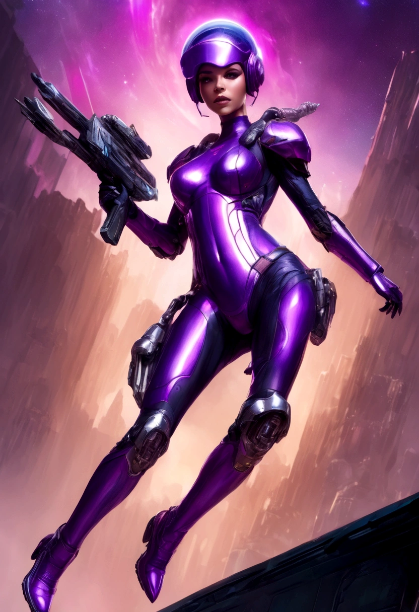 Luciwilde is a sexy cyborg with a entirely electric purple metallic body(obviously mechanical), metal helmet stylized as a fashion model hairdo (no hair visible), and a completely human face. She is flying through space propelled by jets in her feet. She has a guitar with a laser rifle built into it. Full body shot, show all of her, action pose with her weapon, best quality, extreme attention to detail, beautiful face
