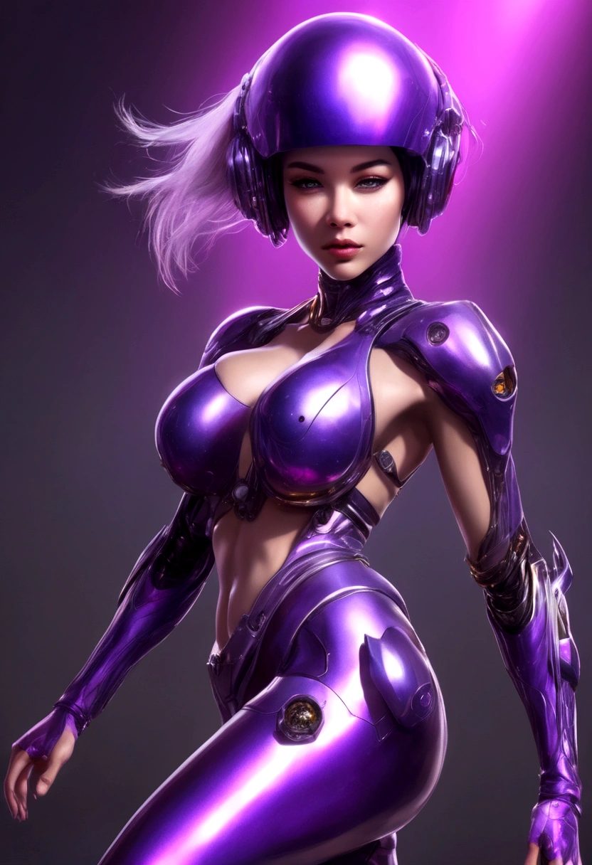Luciwilde is a sexy cyborg with a entirely electric purple metallic body(obviously mechanical), metal helmet stylized as a fashion model hairdo (no hair visible), and a completely human face. She is flying through space propelled by jets in her feet. She has a guitar with a laser rifle built into it. Full body shot, show all of her, action pose with her weapon, best quality, extreme attention to detail, beautiful face