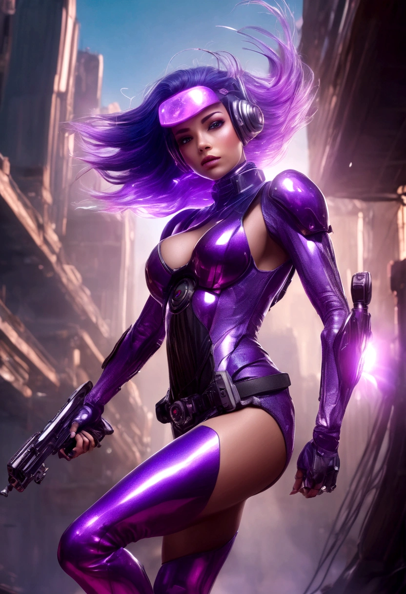 Luciwilde is a sexy cyborg with a entirely electric purple metallic body(obviously mechanical), metal helmet stylized as a fashion model hairdo (no hair visible), and a completely human face. She is flying through space propelled by jets in her feet. She has a guitar with a laser rifle built into it. Full body shot, show all of her, action pose with her weapon, best quality, extreme attention to detail, beautiful face