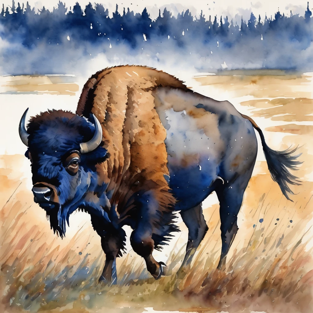 (dark blue, browns, greys), (After sunset, it rains), A running bison in the prairie, as watercolor sketch illustration in rough brushstrokes , side view