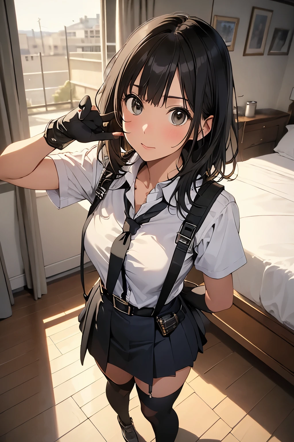 high quality, masterpiece, Ultra-high resolution, (realism: 1.4), Oil painting style, Cinema Lighting, , I stood on the empty asphalt road and looked at it., And the suspenders with the cranes flying　　Moderate breasts　 　 　　　　Small face　 　　　holster　　　　　　　 Lying in bed　Looking up　　　　Sweat 　　　belt　summer　脇Sweat 　Black Hole Gloves　suit　　　　 mini skirt　garterbelt　Leg Links　ズボンにbelt　　holster　 　　Hands behind your back　 Anxious expression　Looking up　Anxious face　Knee-high　Knee socks　Knee-highソックス garterbelt　garter　ふとももにgarterbelt